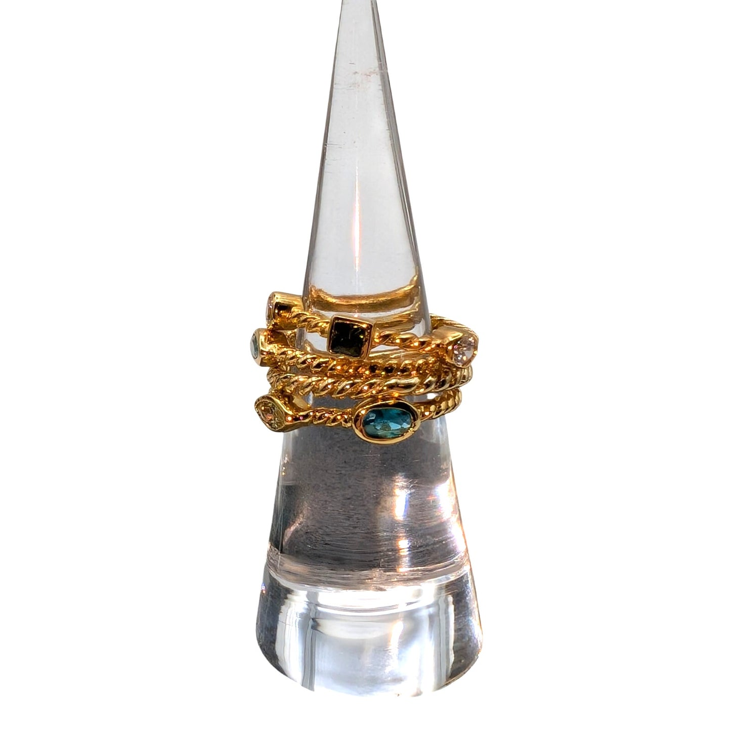 Four Stackable 925 Sterling Vermeil Bezel Set Crystal Gold Tone Rope Band Rings