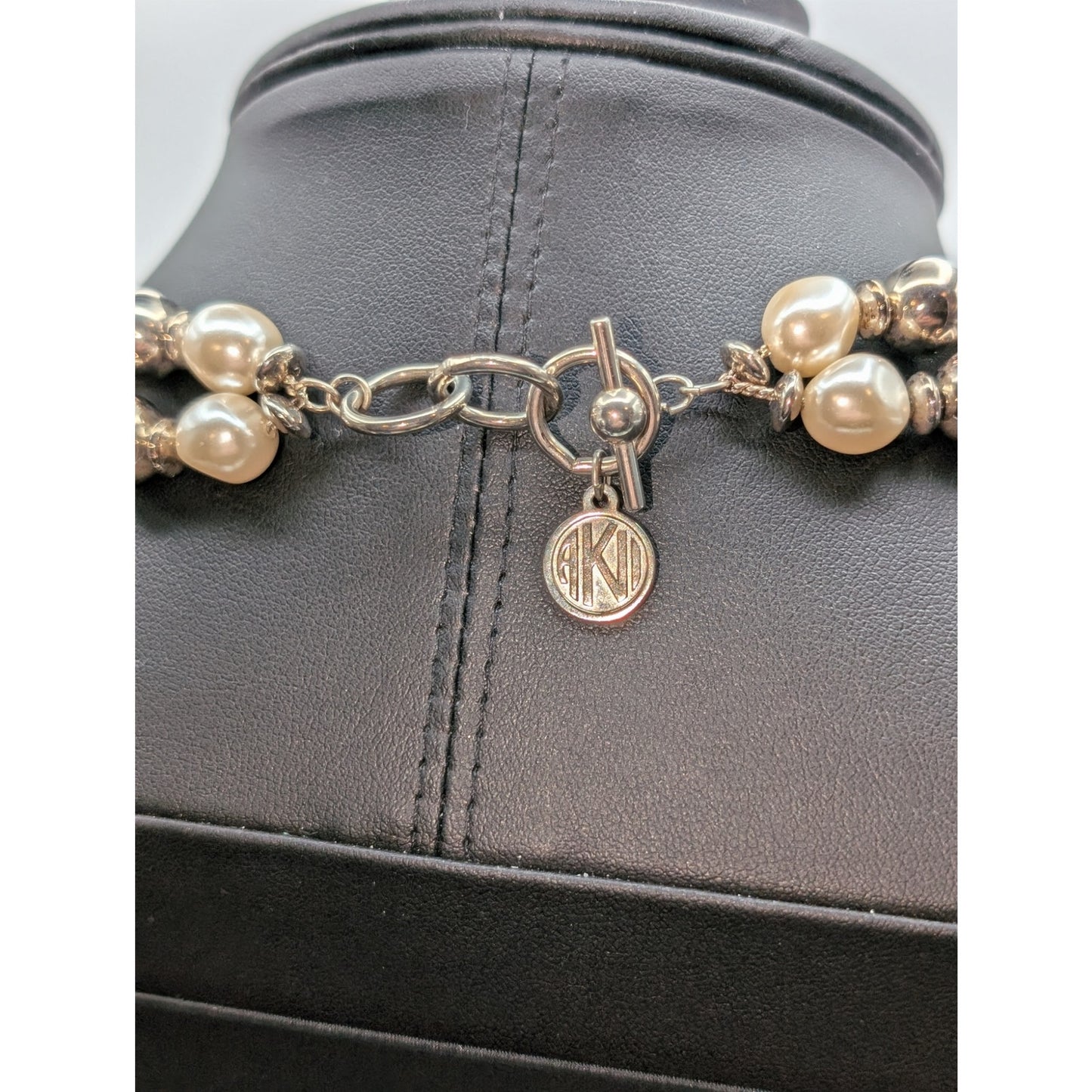 Vtg Anne Klein Silver Bead Pearl Double Strand Toggle Clasp 16"-16.75" Necklace