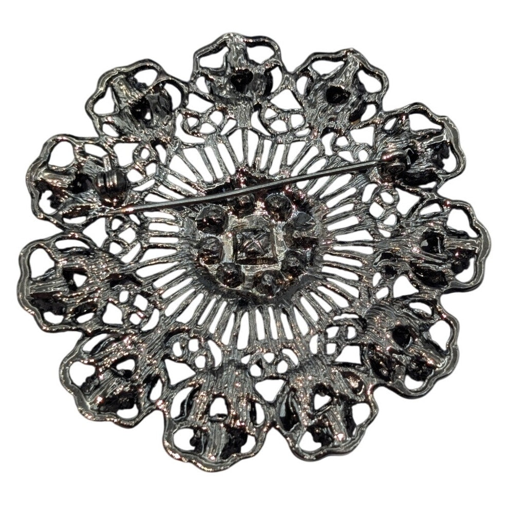 Gun Metal Filigree Pink Maroon Rhinestone Brooch