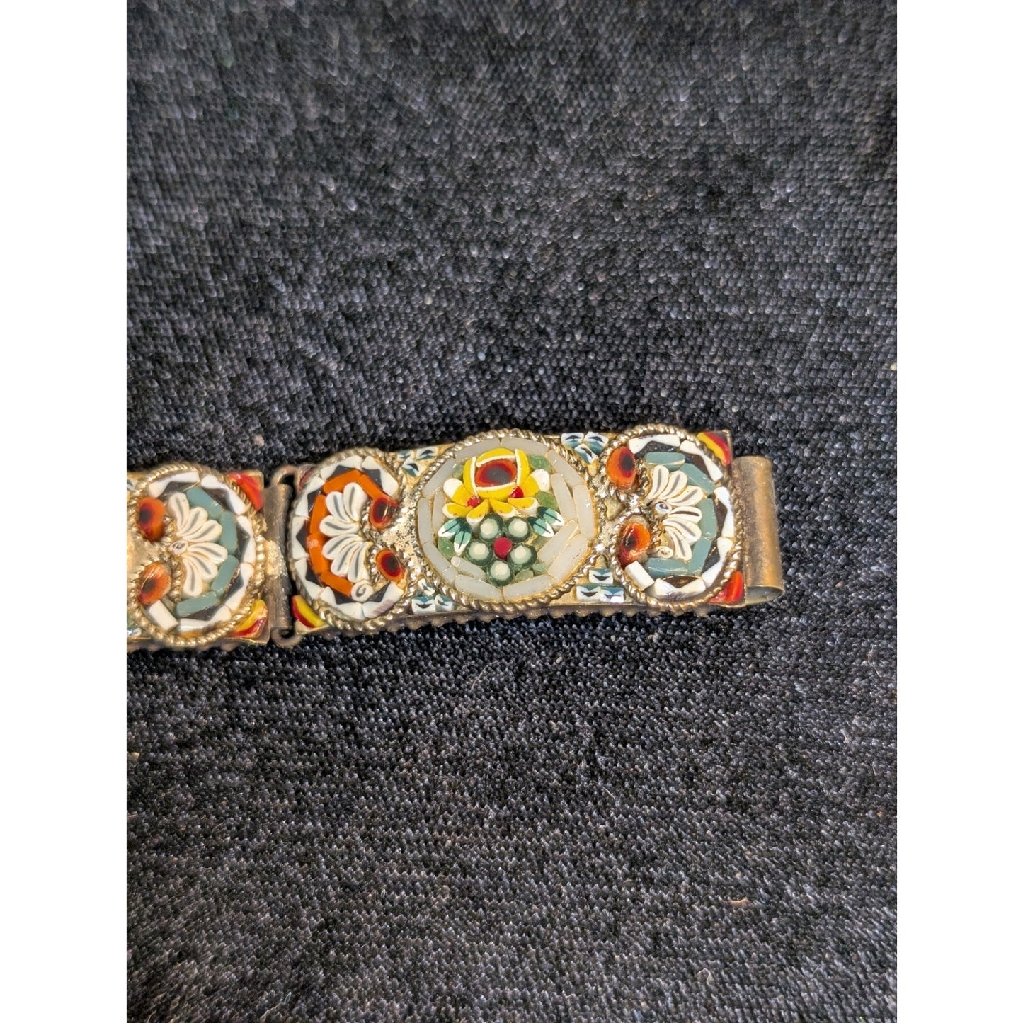 7.5" Antique Italian Micro Mosaic Multi Color Floral Link Hook Clasp Bracelet