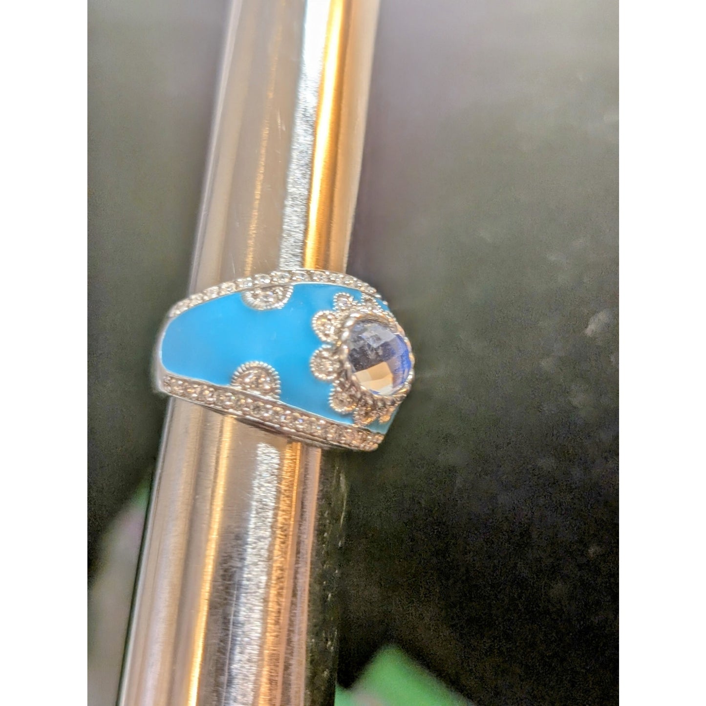 Judith Ripka Aqua Enamel Blue Spinel CZ 925 Sterling Cigar Band Ring Sz 5.75