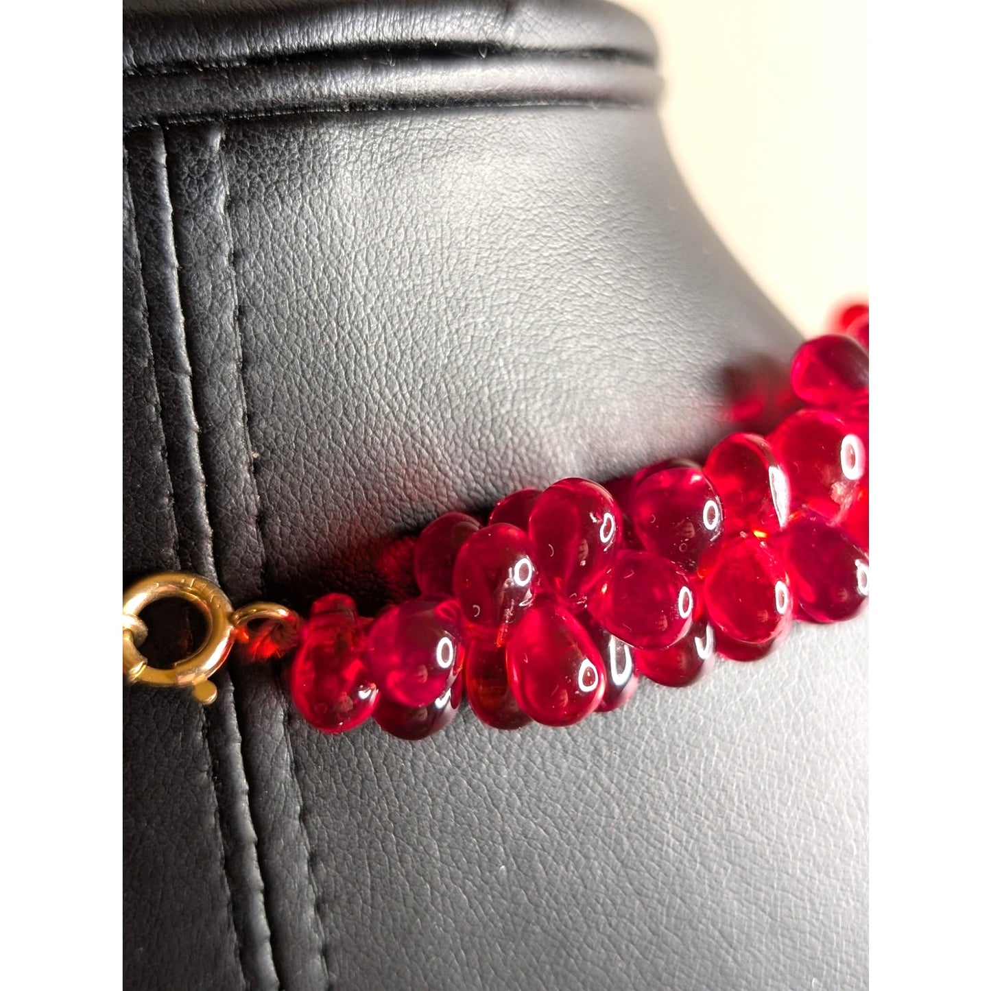 Artisan Red Teardrop Murano Glass Bead 14K Gold Clasp 15.5" Choker Necklace