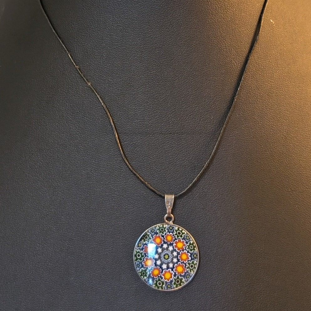 Vtg 925 Sterling Silver  16" Murano Art Glass Millefiori Pendant Cord Necklace