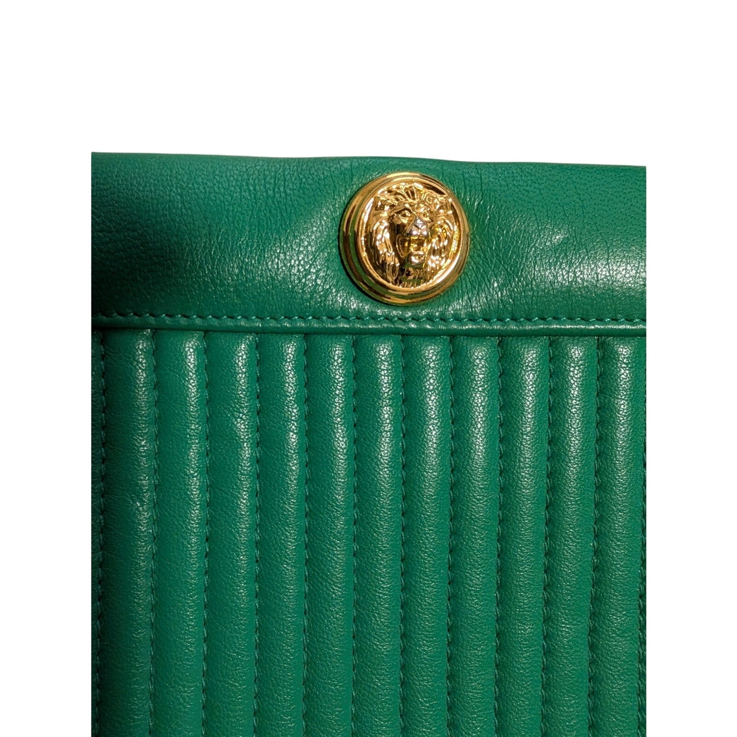 Anne Klein Cauldron Vintage Green Quilted Leather Chain Strap Lion Logo Handbag
