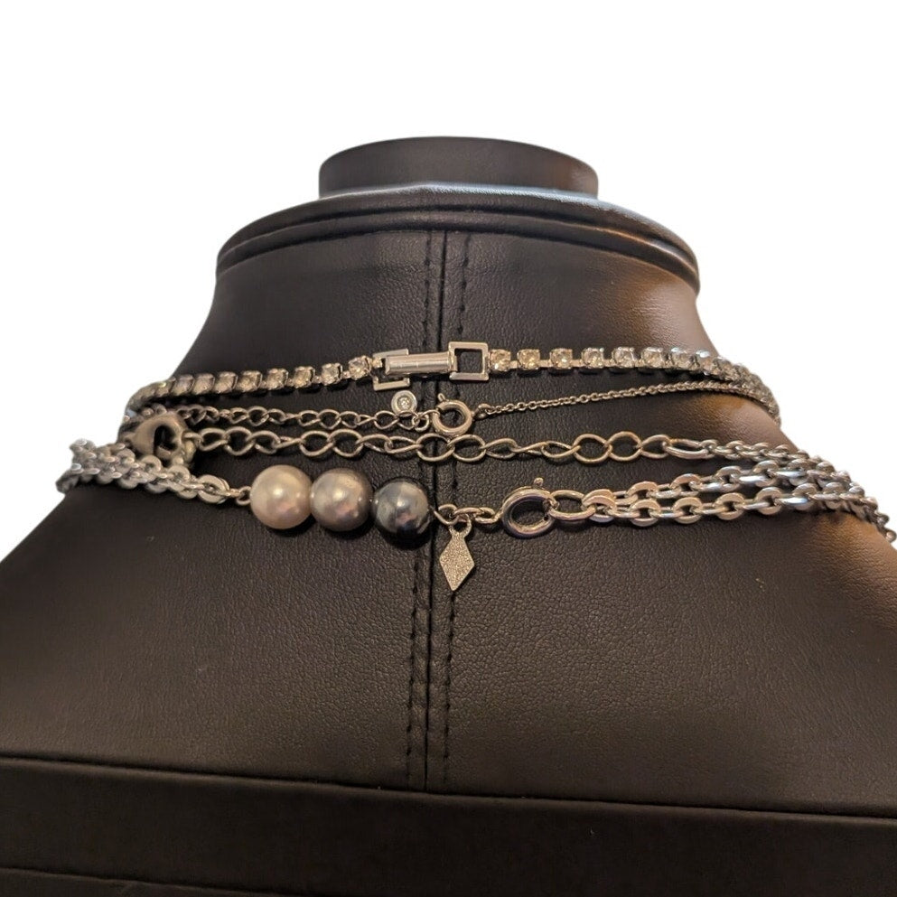 Layered Look Lot of Four Silver Tone Rhinestone Pearl Necklaces