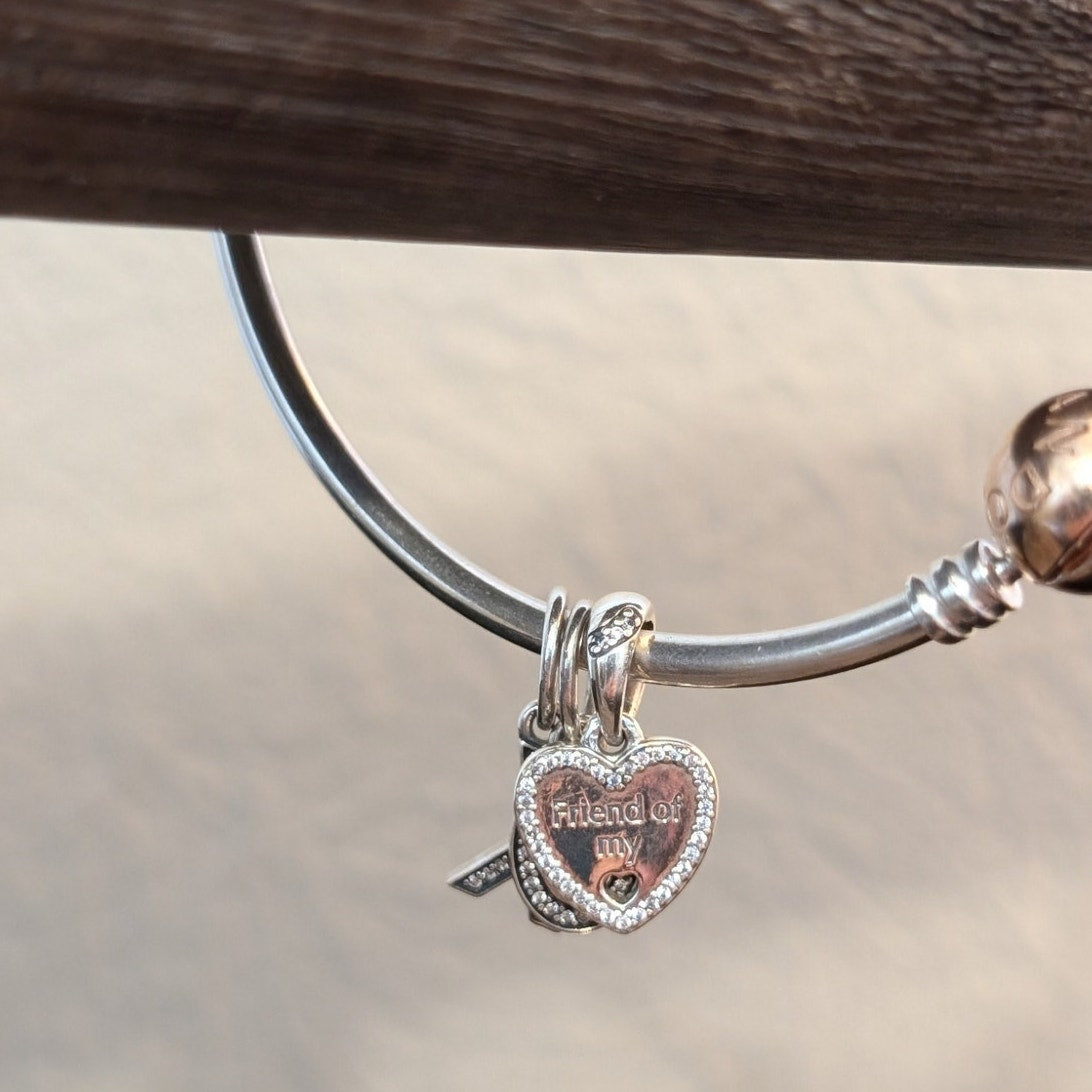 Pandora's Modern Classic Silver Bangle W/ Rose Metal Blend & Three Charms