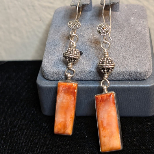 VTG Signed Navajo Juan Willie Sterling Silver Spiny Oyster Dangling Earrings