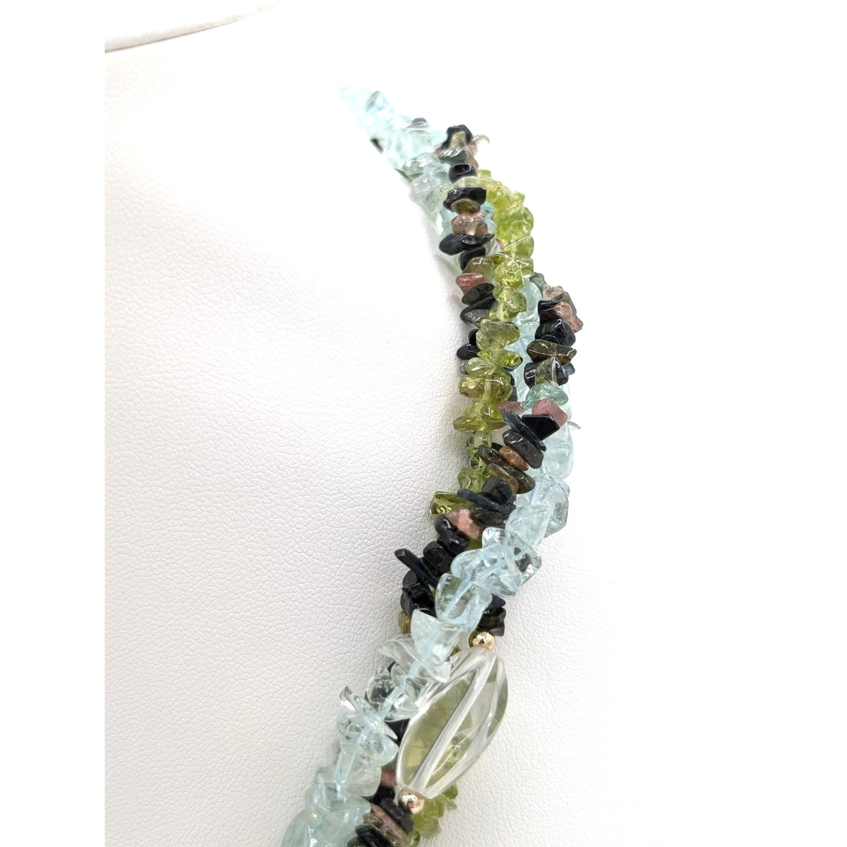 Torsade Strands Topaz Chip & Carved Peridot & Multi Gem Gold Tone Clasp Necklace