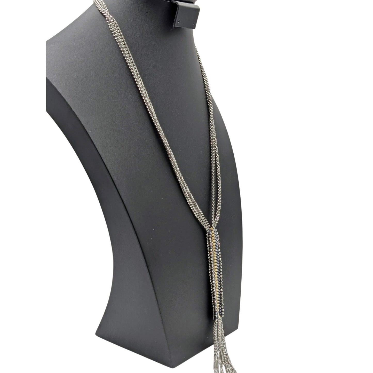 Stella & Dot Tessa Fringe Double Silver Tone Chain Long Tassel Necklace