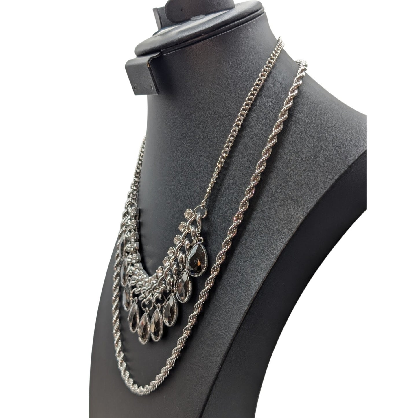 Lot of Two Silver Tone Rope Chain & Rhinestone Teardrop Dangle Necklaces