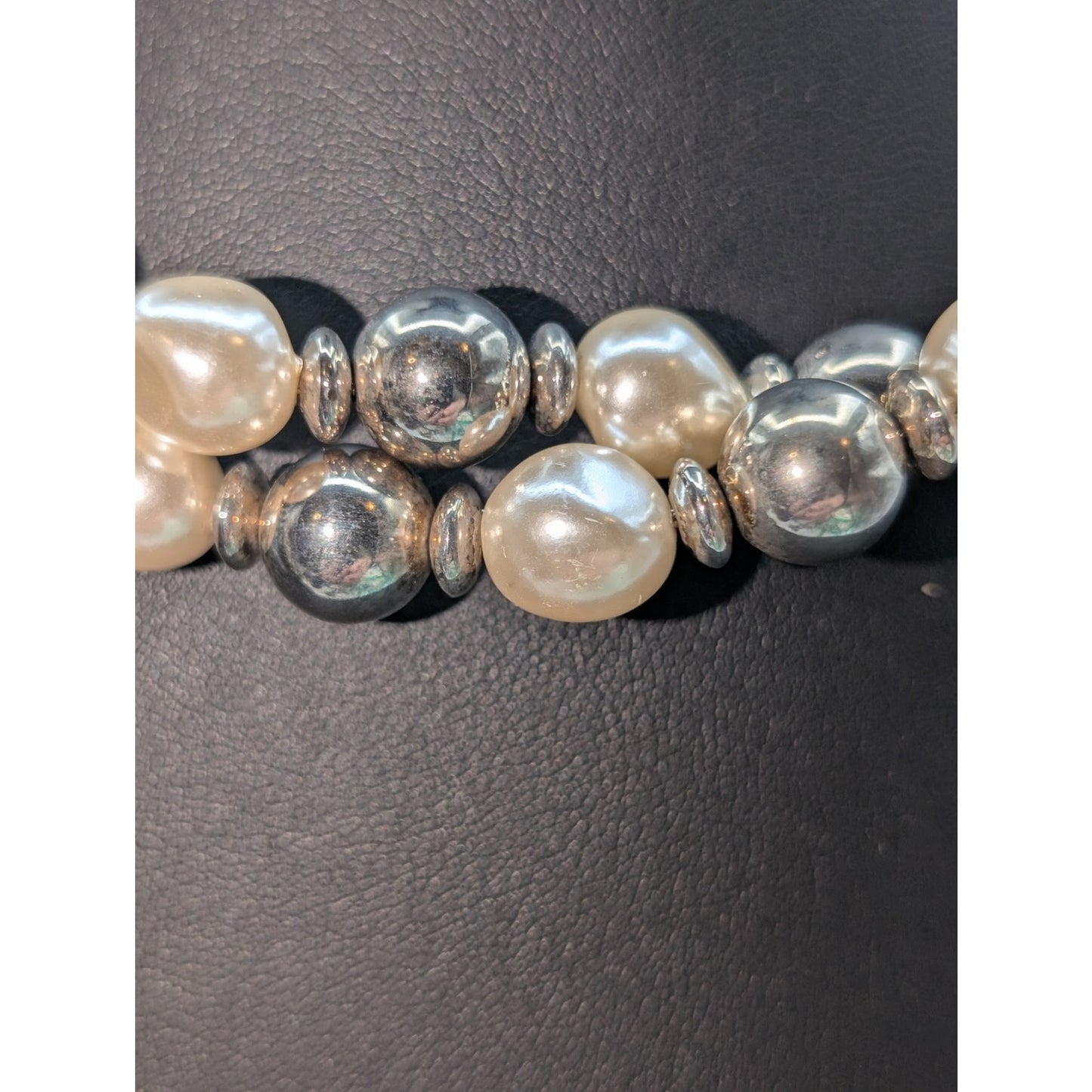 Vtg Anne Klein Silver Bead Pearl Double Strand Toggle Clasp 16"-16.75" Necklace