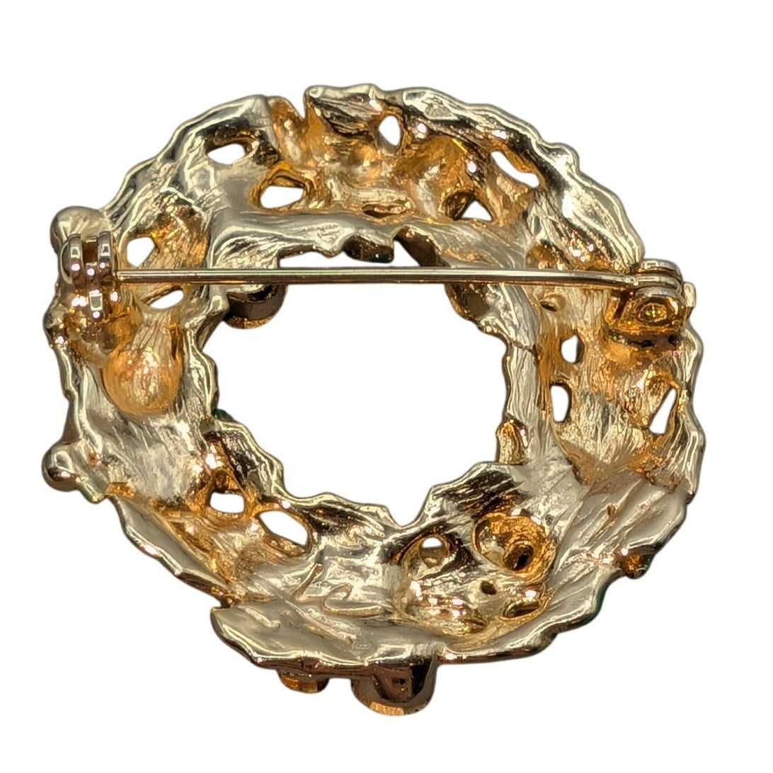 Vintage Liz Claiborne Ruby Red Rhinestone Gold Tone 1.5" Wreath