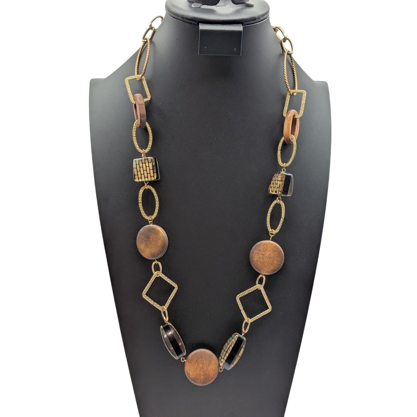 Vintage Thick Sparkle Gold 'Brick' Lucite Wooden Disk Gold Tone Chain Necklace