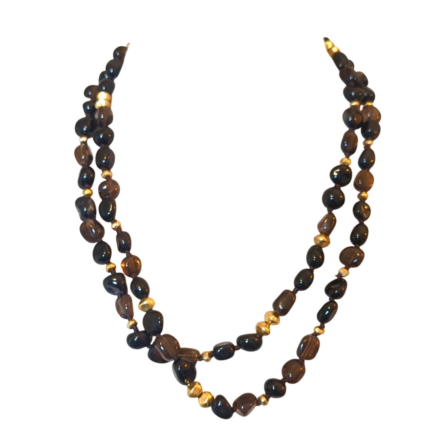 Coldwater Creek Smoky Quartz and Agate & Gold Tone Beaded 36" Necklace