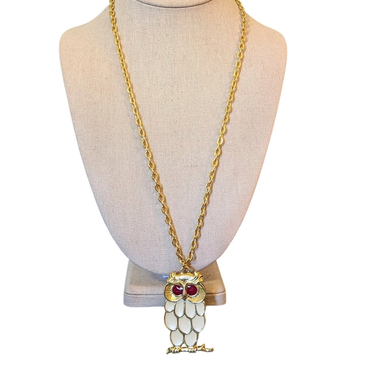 Sir R Cream Enamel Red Rhinestone Eyes Gold Tone Owl Pendant 24" Necklace
