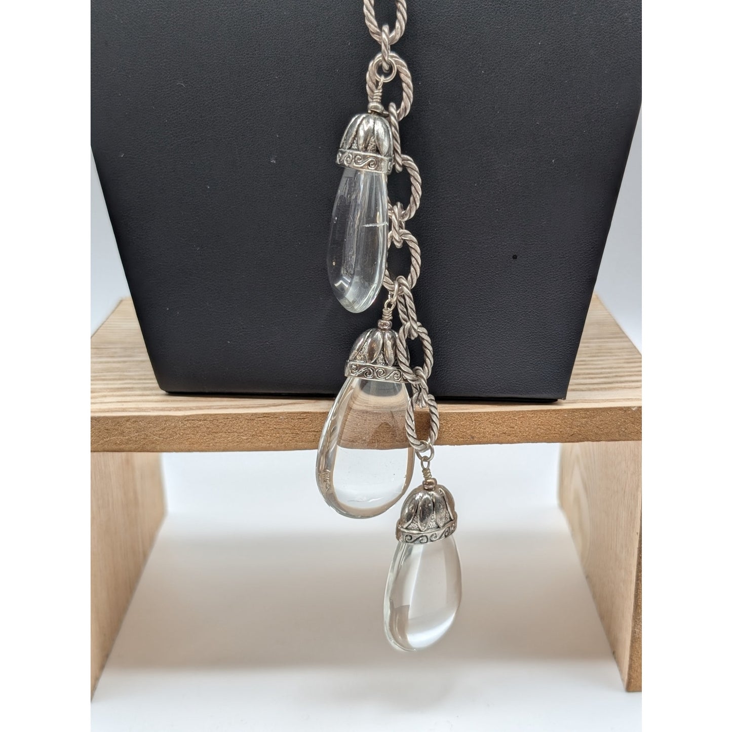 Vintage Long Silver Tone Chain Three Large Clear Lucite Fob Dangle Necklace