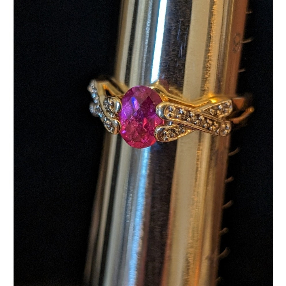 14K Gold Natural Pink Tourmaline & Diamond Criss Cross Band Ring Size 9.5