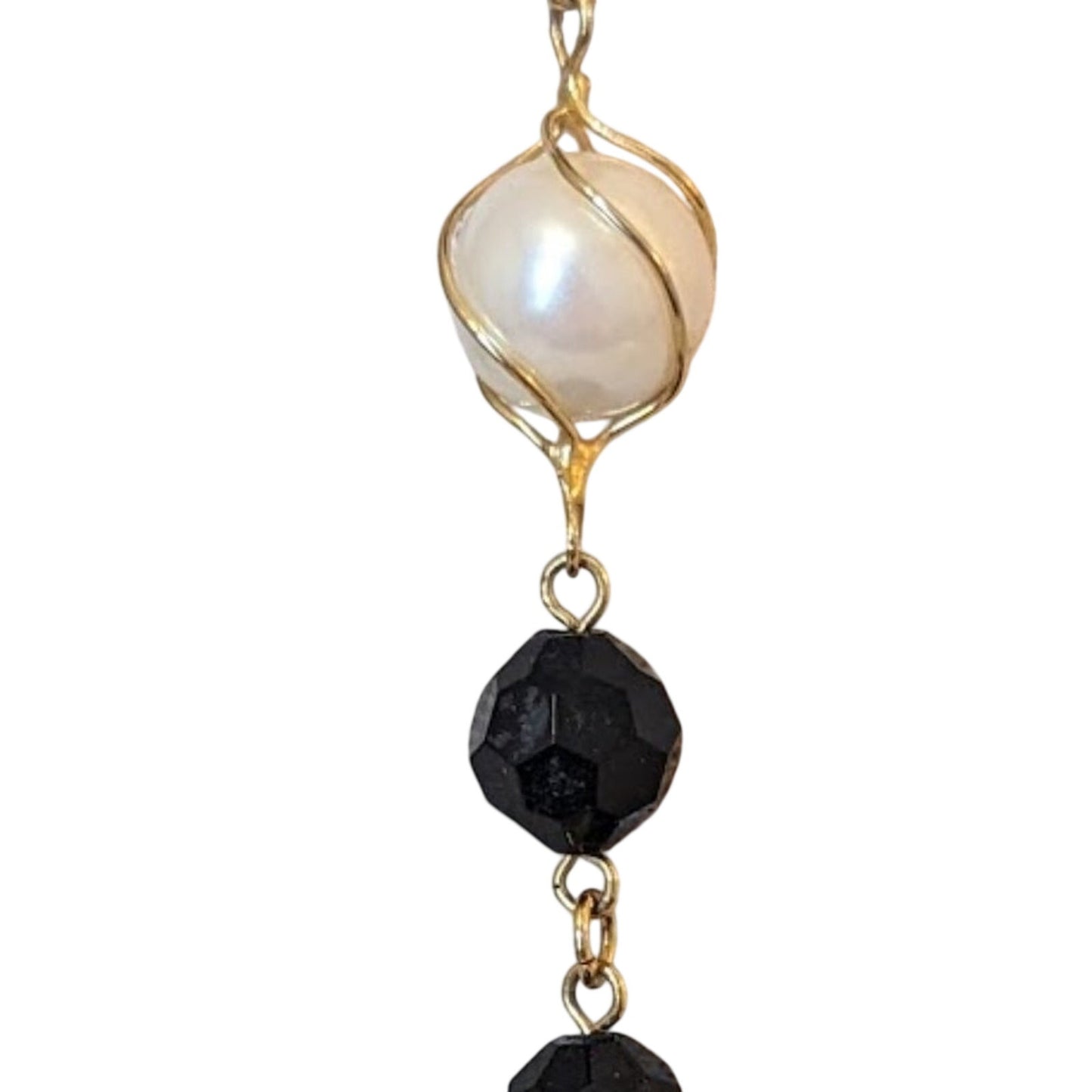 Trifari Gold Tone Black Faceted Beads with Caged Faux Pearl Necklace
