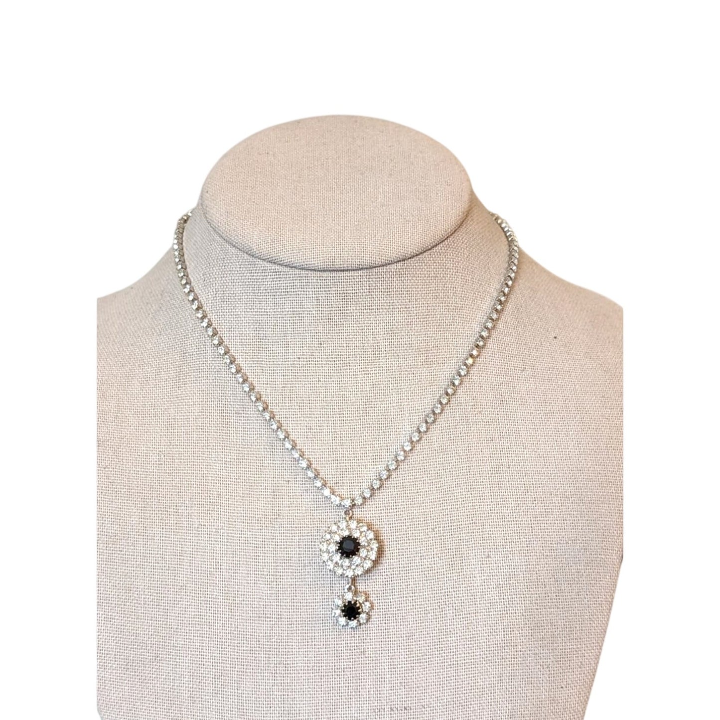 Vintage Black & White Double Drop Pendant Rhinestone Necklace W/ Foldover Clasp
