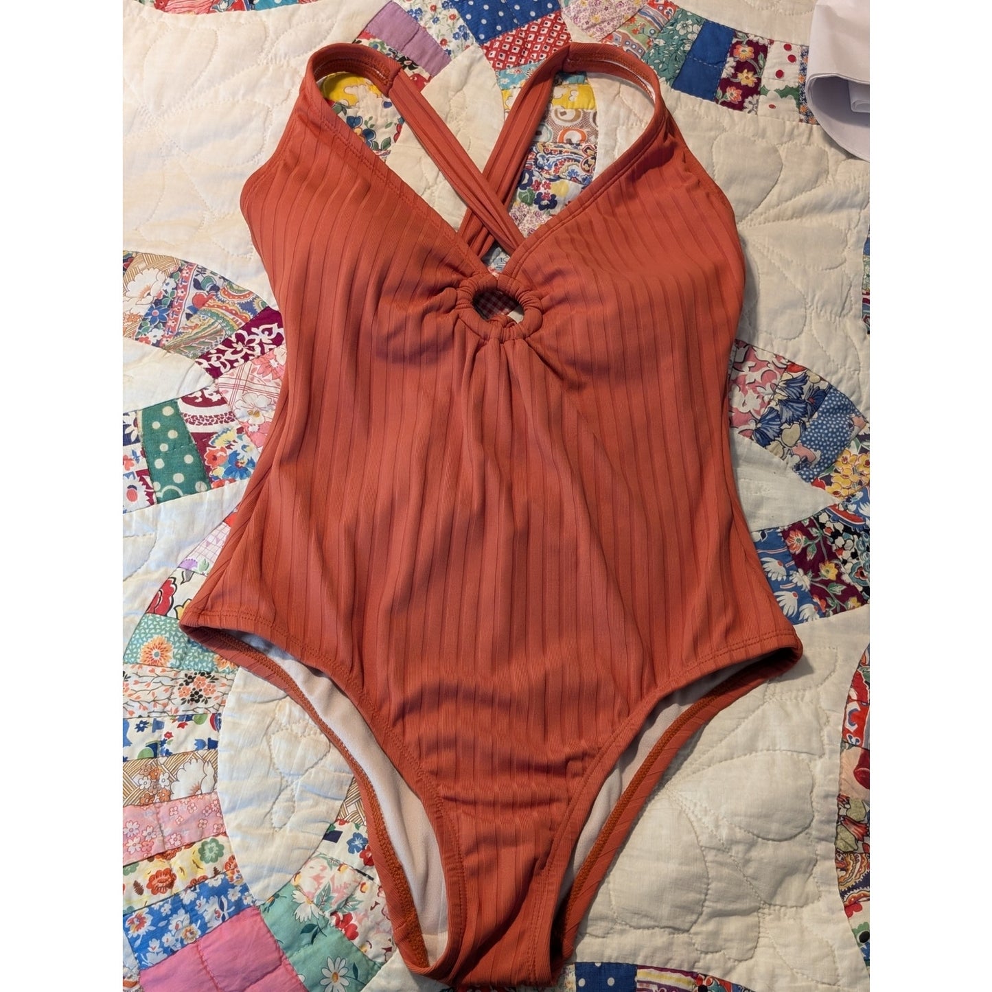 NWT Kona Sol Medium Coverage One Piece Rust Color Ribbed Bathing Suit Sz S