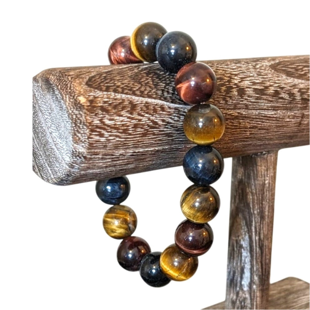 14mm Blue, Red and Gold Yellow Tiger Eye Crystal Beads Stretchable Bracelet