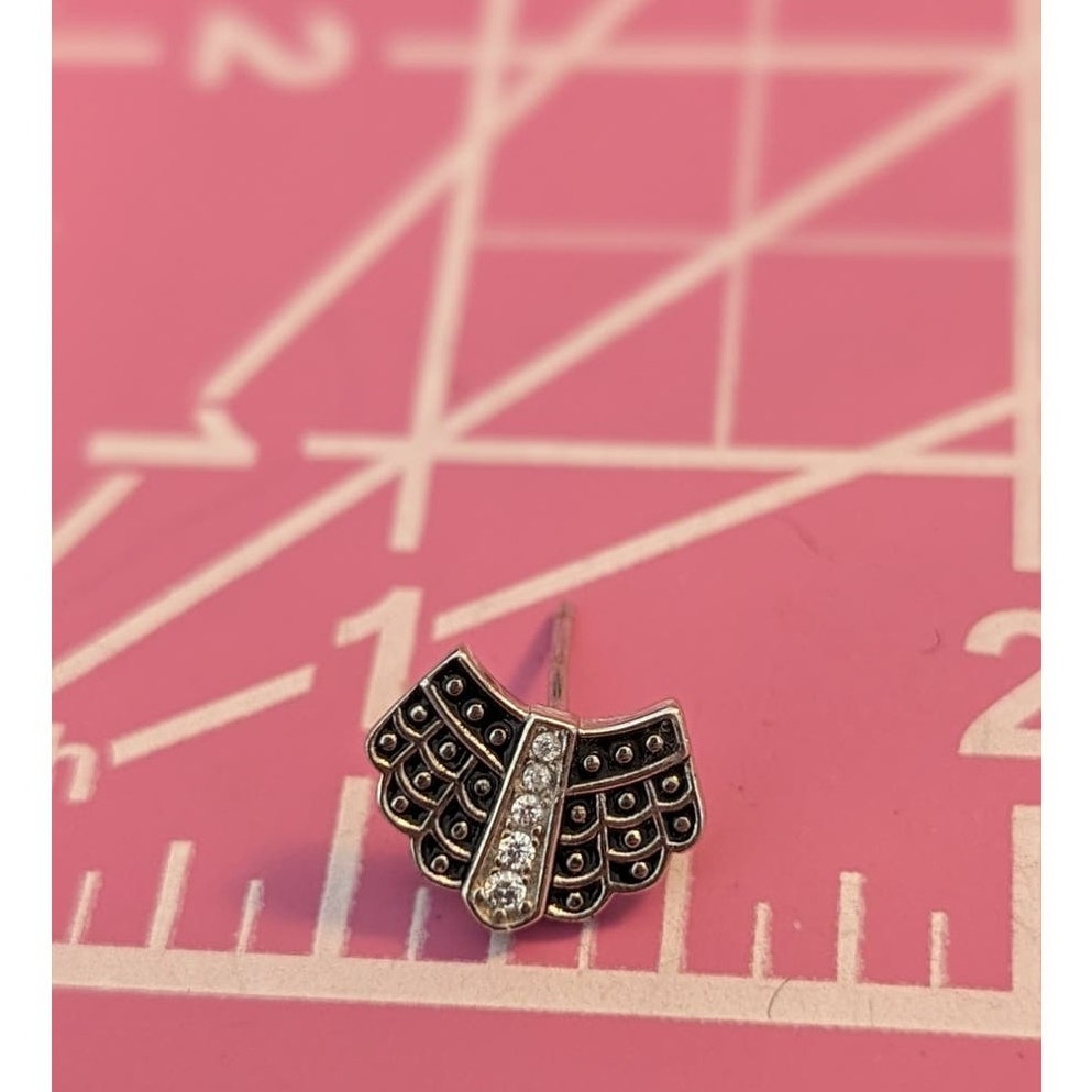 Marked 925 Sterling Silver CZ Black Enamel Fan Post Earrings