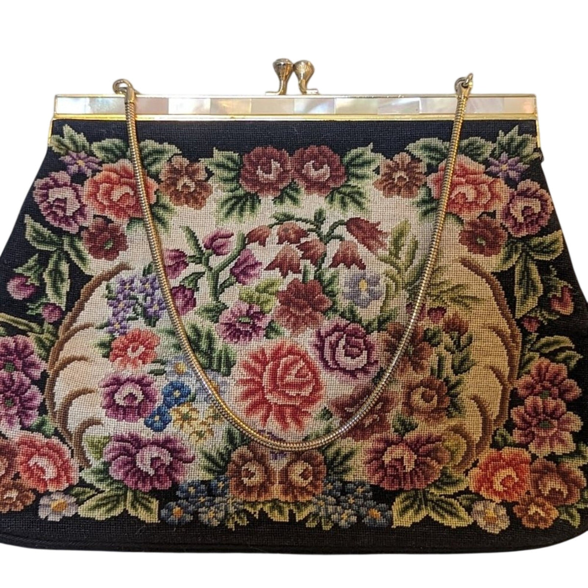 Vintage Handmade Exquisite Petit Point Embroidery Handbag with Mother of Pearl