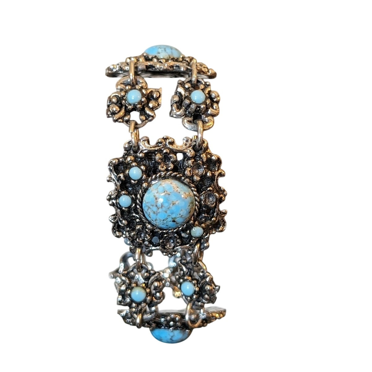 VTG Made in England Blue Stone or Glass Bead Filigree Safety Chain 7" Bracelet