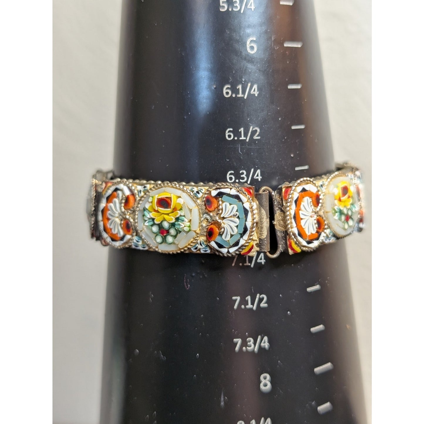 7.5" Antique Italian Micro Mosaic Multi Color Floral Link Hook Clasp Bracelet