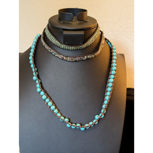 Lot of Three Stone Bead Leather Cord Button Clasp Necklaces