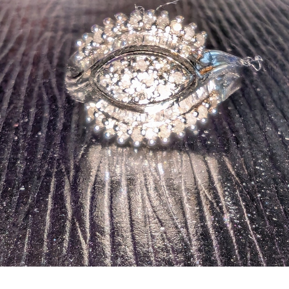925 Sterling Silver Baguette & Round Diamond Ring Size 7