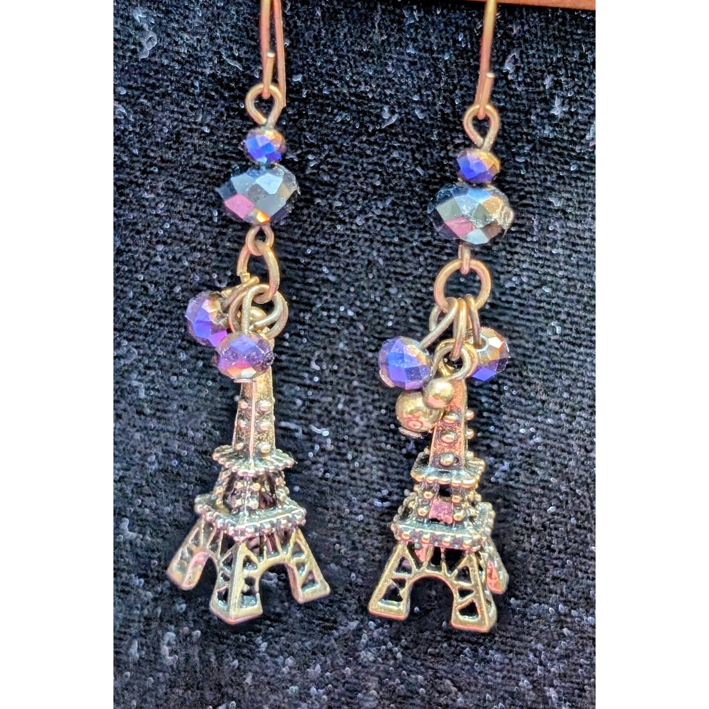 Eiffel Tower Antiqued Gold Tone Purple Crystal Cluster Dangle Earrings