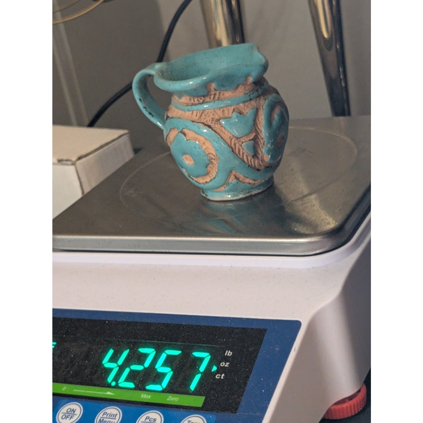 Vtg 50s Italian SACA Sgraffito Art Pottery Aqua Glaze Hand Painted Mini Pitcher