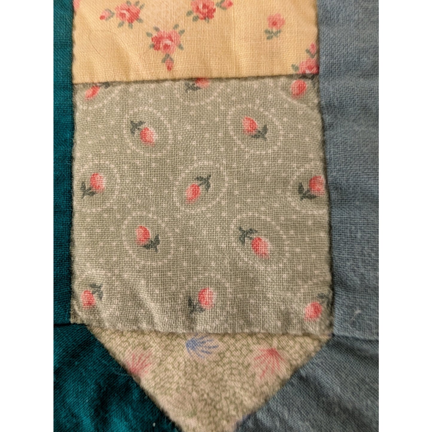 Vintage 84" X 102" Teal Blue & Mauve Cotton Hand Stitched Quilt