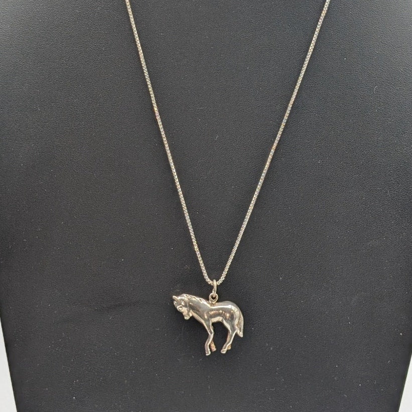 Vintage 925 Sterling Solid Horse Pendant 24" Box Chain Necklace
