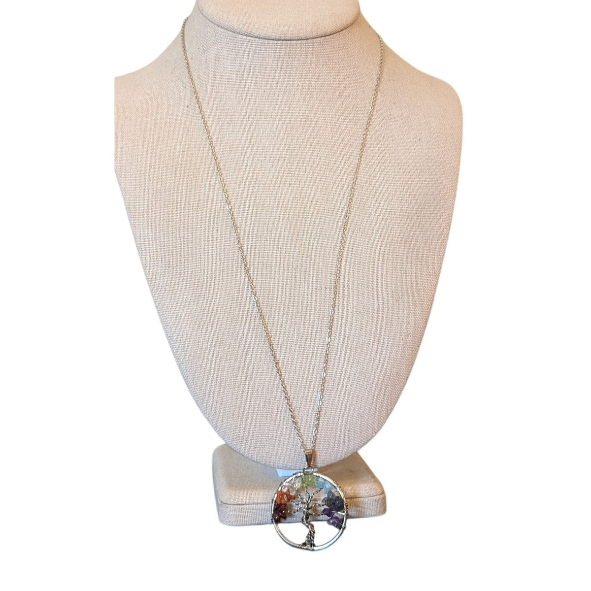 Gemstone Tree of Life Pendant Marked 8KGE on Silver Tone Chain Necklace