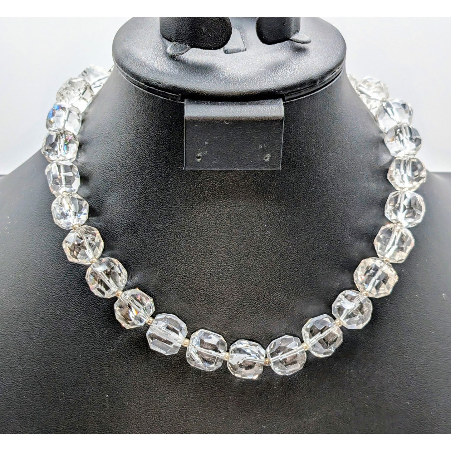 Vtg 925 Sterling Chunky Faceted Cut Rock Crystal Quartz Toggle Clasp Necklace