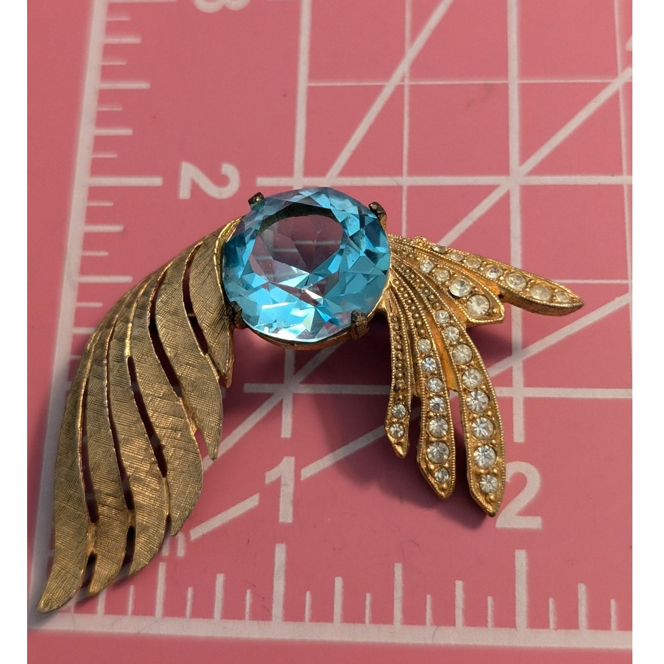 Rare Vintage Signed Charel Large Blue Stone & Rhinestone Gold Tone Brooch