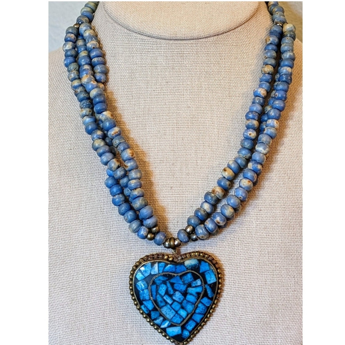 1 to 3 Strands Blue Bead Stone Inlay Copper Heart Vintage Necklace w/ Hook Clasp