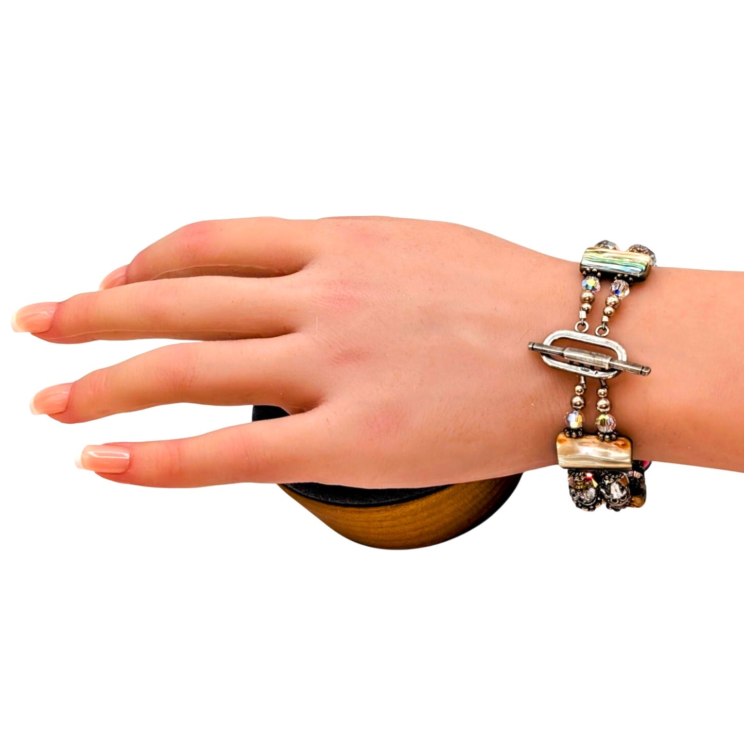 Signed Abalone Shell Chunks AB Crystal Sterling Beaded Toggle Clasp Bracelet