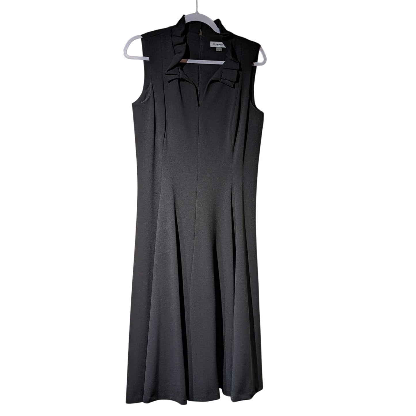 Calvin Klein Black Stretch Crepe Ruffle V-Neck Fit & Flare Dress Womens Sz 12