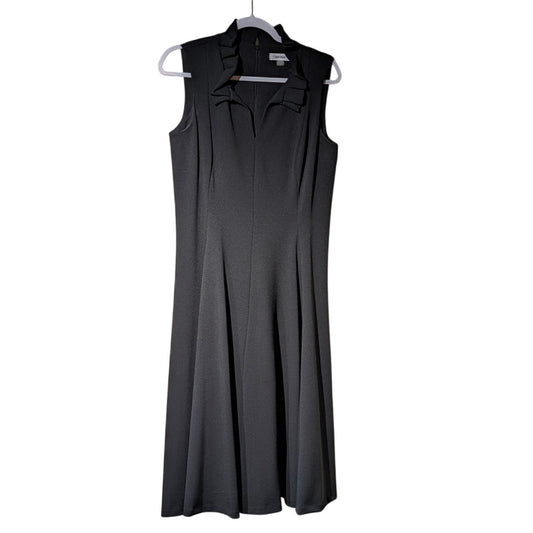 Calvin Klein Black Stretch Crepe Ruffle V-Neck Fit & Flare Dress Womens Sz 12