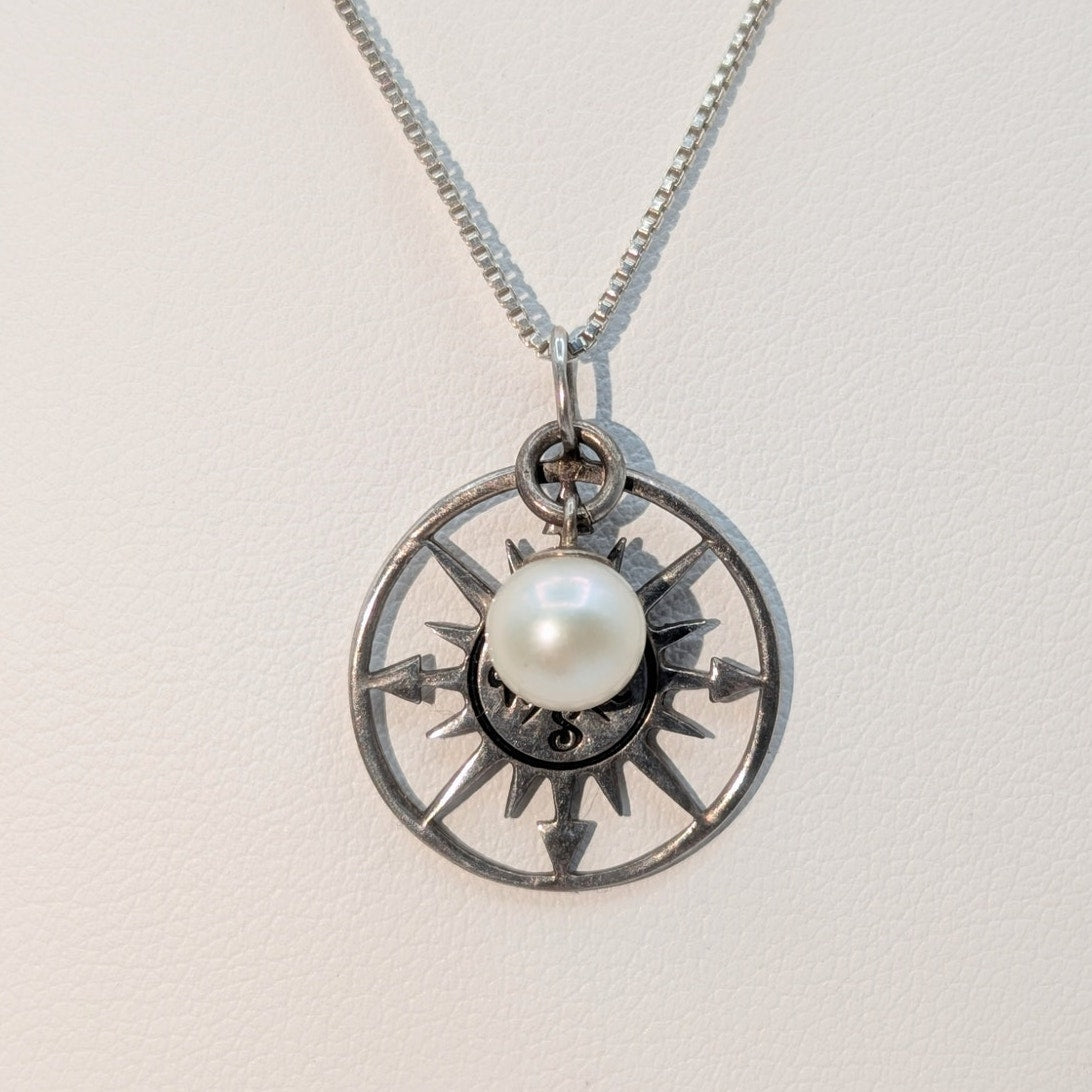 Vintage 925 Sterling Silver Compass Rose & Pearl Charms Box Chain 18.5" Necklace