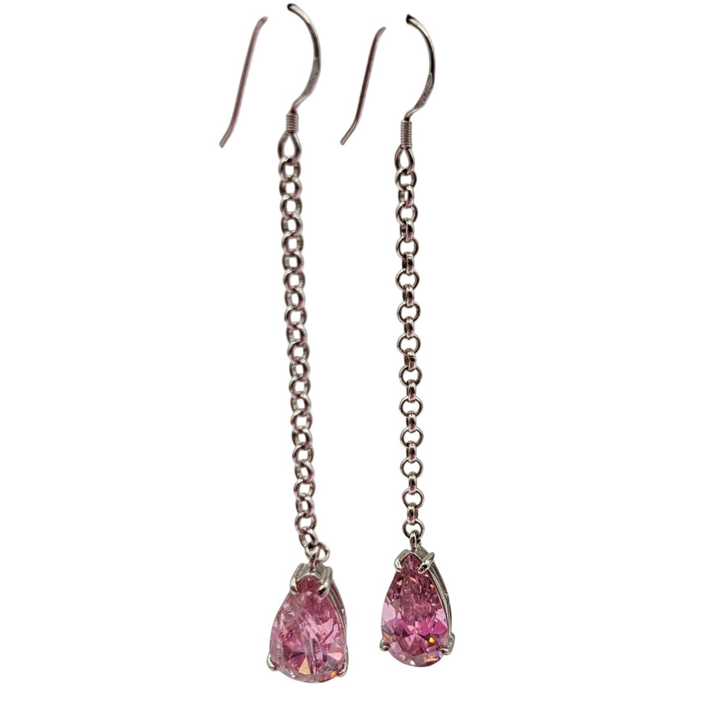 Marked EC 925 Sterling Silver Long Dangle Pink Teardrop Crystal Earrings