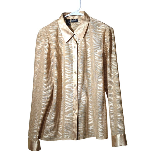 Rafaella NWT Gold Button Up Pleated Satin Look Trimmed Blouse Women's Size 12
