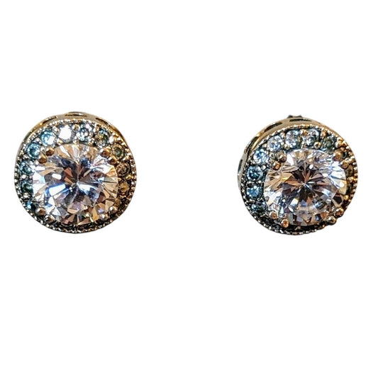 Marked PD Silver Tone CZ Surrounded by Small CZs Stud Earrings