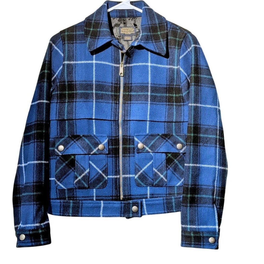 Pendleton Blue Black Green White Plaid Classic Bomber Jacket Women's Size XS