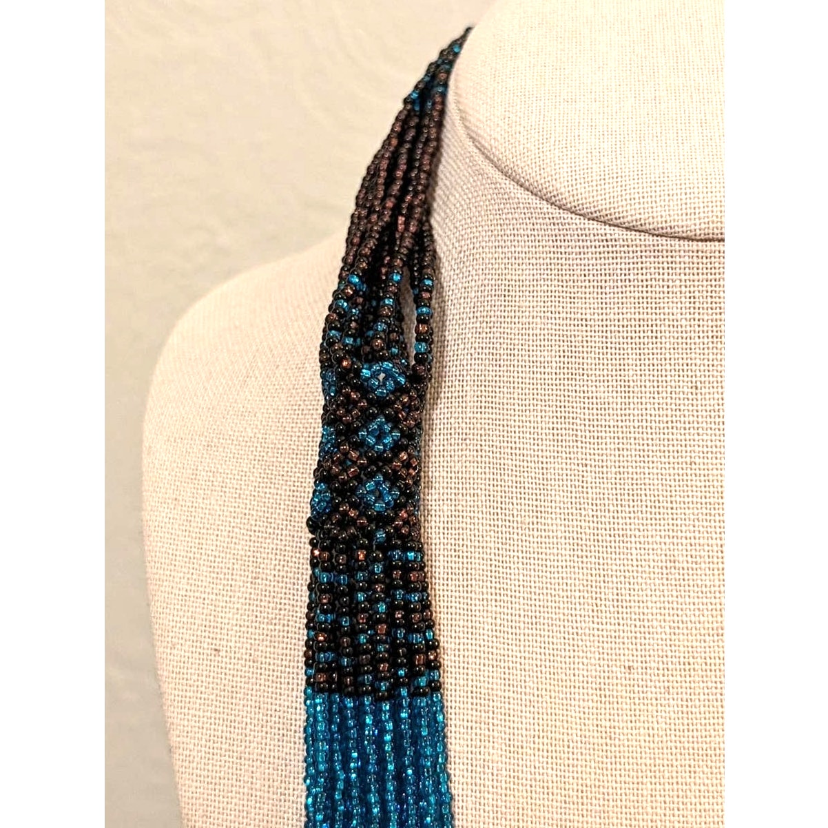 Brown & Blue Seed Bead Multi Strand Necklace With Woven Stations