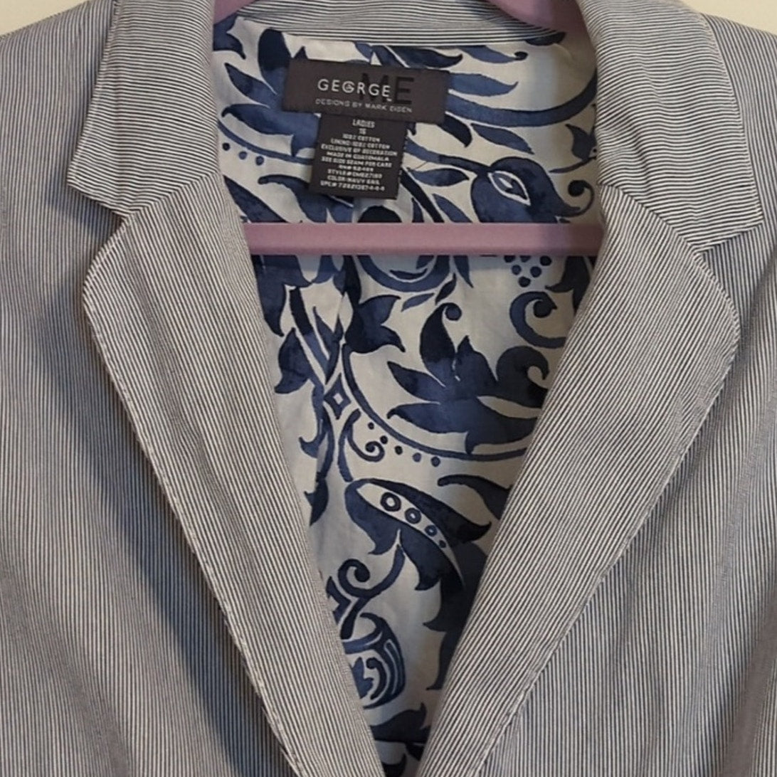 George Womens Blazer Blue Pinstripe Button Lined Notch Lapel Pocket Cotton Sz 16