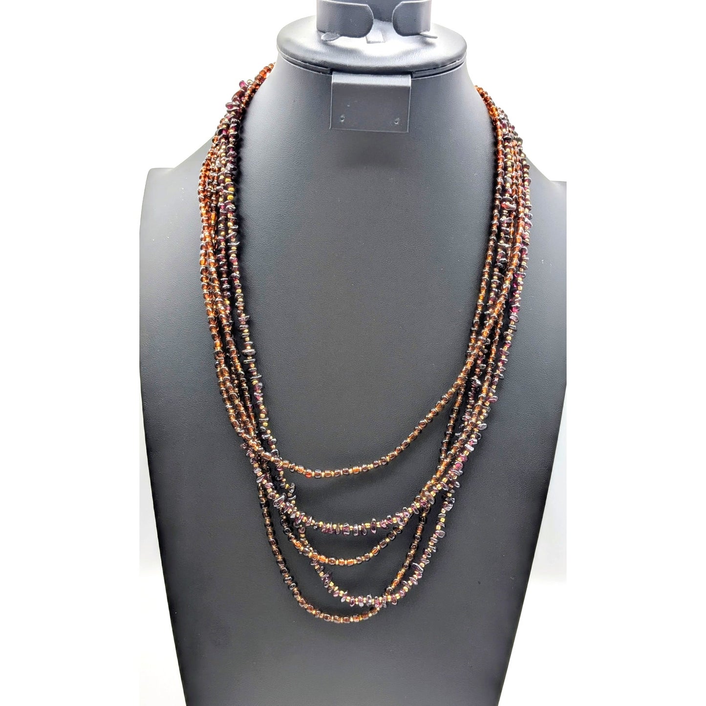 Vintage Five Strand Brown Glass Bead Garnet Chip & Gold Bead 24" Necklace